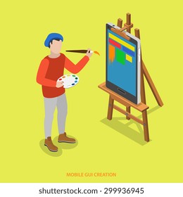 Mobile GUI creation flat isometric vector concept. A painter paints  just on smartphone which stands on easel.