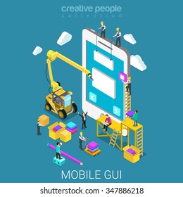 Mobile GUI prototype flat 3d isometry isometric app development concept web vector illustration. Micro people crane building graphical user interface UI/UX usability design. Creative people collection