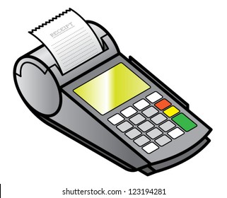 A mobile hand-held point of sale pin pad / terminal printing a receipt.