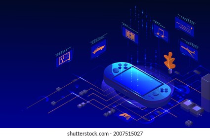 Mobile handheld video game console, vector isometric illustration. Potrable gaming device.