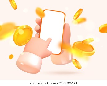 Mobile in hands with a finger pointing at the screen, coins flying around. Win or income. 3d style, realism. Vector illustration