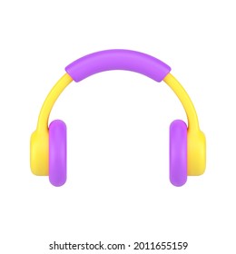 Icono 3d de auriculares móviles. Auriculares amarillos profesionales con acentos morados. Dispositivo moderno para audio y juegos en línea. Equipo para comunicación en línea. Vector aislado realista