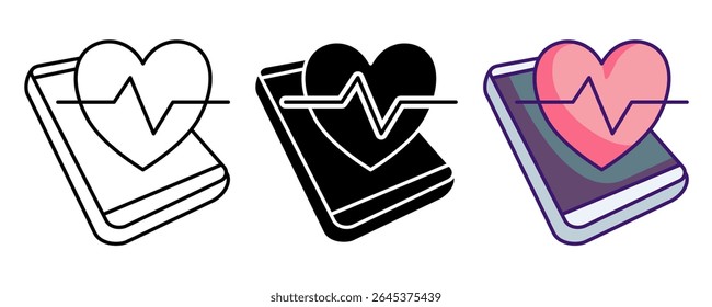 Mobile health app icon represented by handphone, heartbeat Line, Filled, Color style.