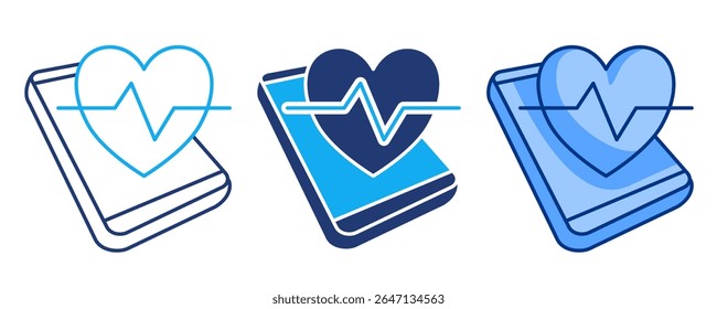Mobile health app icon represented by handphone, heartbeat Blue, Dualline, Dualtone style.