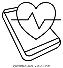 Mobile health app icon represented by handphone, heartbeat Line style.