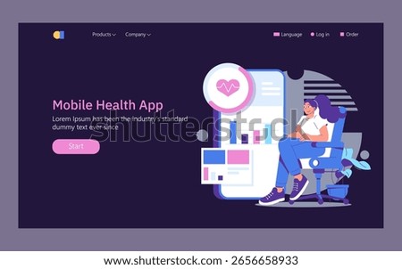 Mobile health app interface featuring a young woman seated, engaged with digital health analytics on screen. Vector illustration highlighting modern technology and user interaction.
