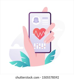 Mobile health care. Idea of modern technology. Check heart pulse and get online consultation. Isolated vector illustration in flat style