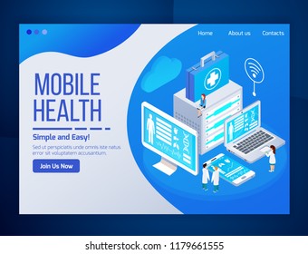 Mobile health care telemedicine glow isometric web page design with medical tests laptop tablet phone screens vector illustration 