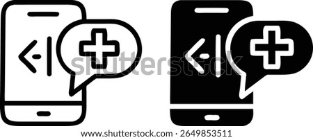 Mobile Health Chat App Icon with Medical Plus Symbol Black and White Vector Illustration