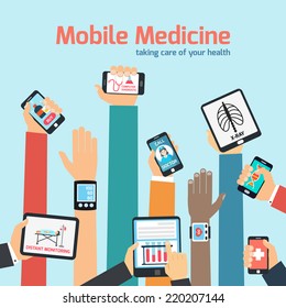 Mobile Health Concept With Human Hands Holding Gadgets Vector Illustration