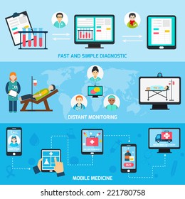 Mobile health distant monitoring line banners set isolated vector illustration