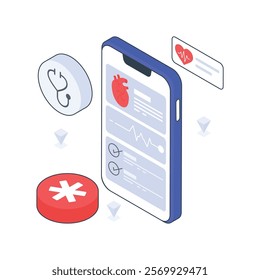 Mobile Heart Checkup isometric Colored illustration. EPS File stock illustration