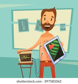 Mobile heart diagnostic background with heart test symbols cartoon vector illustration