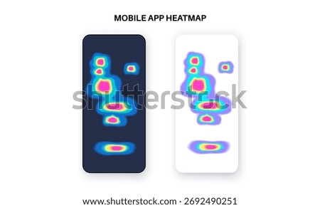 Mobile heatmap, user interaction on smartphone screen. Touch and scroll activity zones. UX design visualization of finger reachability, ergonomic and usability analysis. App interface testing vector