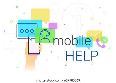 Mobile help and online support on smartphone concept illustration. Human hand holds smart phone with app for chatbot assistance and emergency support. Creative costumer helpdesk banner