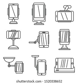 Mobile holder stand icons set. Outline set of mobile holder stand vector icons for web design isolated on white background