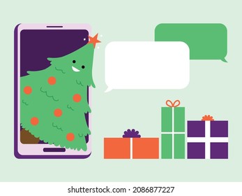 A mobile holiday message from Christmas tree in cell phone surrounded by gifts
