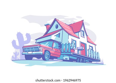 Mobile home building vector illustration. Live and travel flat style. Tourist transport road trip and recreational vehicles concept. Isolated on white background