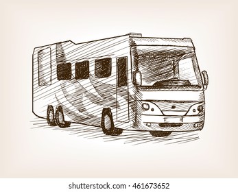 Mobile home bus transport sketch style vector illustration. Old engraving imitation.