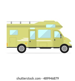 Mobile Home Car for road trip and vacation. Camping Trailer Family. Flat Design Style. Vector illustration of trailer campers for Trailering, Camping and adventures in nature.