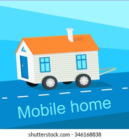 Mobile Home Flat Design Banner. Caravan And Manufactured Home, Trailer Home, Camper And House, Exterior Residential, Architecture Facade, Real Estate Transportation Illustration