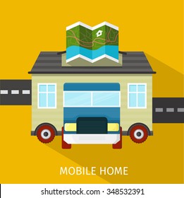 Mobile home flat design banner. Caravan and manufactured home, trailer home, camper and house, exterior residential, architecture facade, real estate transportation illustration