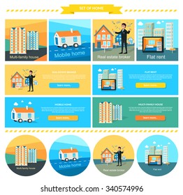 Mobile Home, Flat Rent, Multi-family House.  Real Estate Broker, Caravan And Manufactured Home, Trailer Home, Rent House, Apartment And Moving House Illustration. Set Of Banners