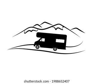 Mobile Home With Mountains In The Background. RV Life. Cartoon. Vector Illustration.