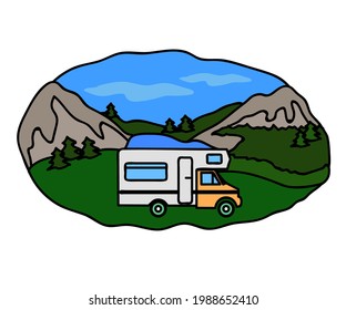 Mobile Home With Mountains In The Background. RV Life. Cartoon. Vector Illustration.
