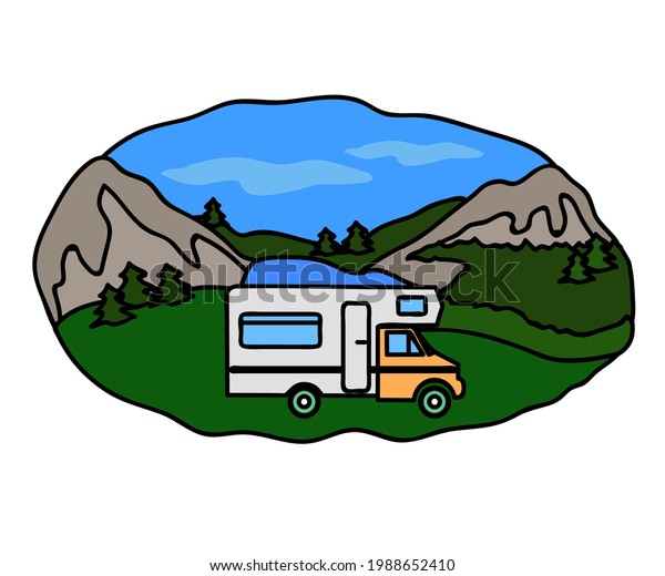 Mobile home with mountains in the\
background. RV life. Cartoon. Vector\
illustration.