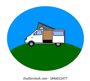 Mobile home on the background. House on wheels. Cartoon. Vector illustration.