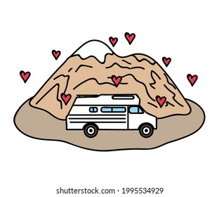 Mobiles Haus auf Berghintergrund. Cartoon. Vektorgrafik.