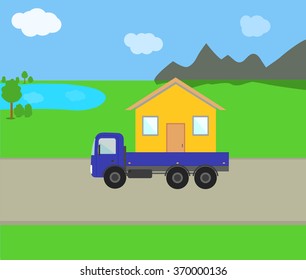 mobile home on the road among lakes, mountains, fields. Vector trailer home.