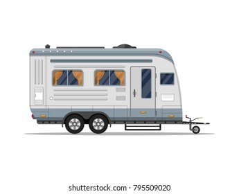 Mobile home on wheel. Camping trailer or touristic van car isolated on white background
