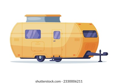 Mobile home on wheels for outdoor adventures. Side view of yellow travel recreational vehicle vector illustration