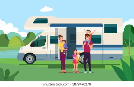 Mobile home with open door and awning together with a vacationing family. Vector flat style illustration.