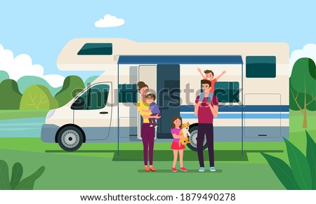 Mobile home with open door and awning together with a vacationing family. Vector flat style illustration.