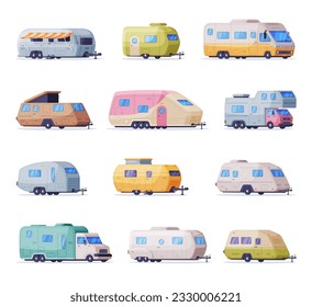 Mobile homes for outdoor summer adventures set. Travel recreational vehicles for family travel vector illustration