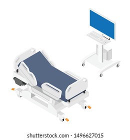 Mobile hospital bed and monitor, computer medical equipment isometric view isolated on white background.