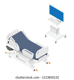 Mobile hospital bed and monitor, computer medical equipment isometric view isolated on white background.