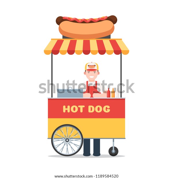 Mobile hot dog cart with\
seller. Vector illustration in flat style isolated on white\
background