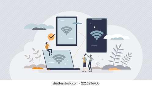 Conexión de hotspot móvil usando el teléfono móvil como concepto de persona diminuta del router. Compartir Internet de forma gratuita con la ilustración de un vector portátil, tablet o celular. Compartir señal digital con dispositivo portátil.