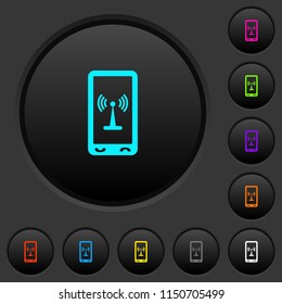 Mobile hotspot dark push buttons with vivid color icons on dark grey background