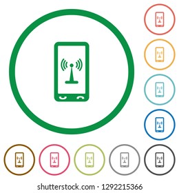 Mobile hotspot flat color icons in round outlines on white background
