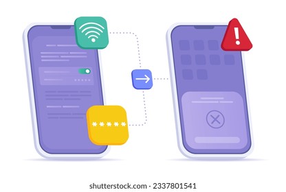 El concepto de hotspot móvil no funciona. Error Safety Sharing Wifi Password (Contraseña WiFi compartida de seguridad). Problema al compartir la conexión a Internet entre dos equipos. Problemas Wi-Fi Isometric Icon. Configurar la pantalla y ui ux