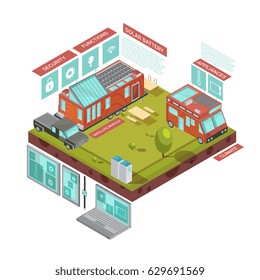 Mobile house isometric concept with van and car near trailer with computer control solar battery vector illustration  