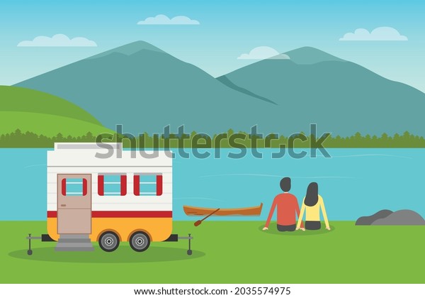 Mobile\
house vector concept: Young couple enjoying holiday in the nature\
while sitting near their caravan at lake\
side