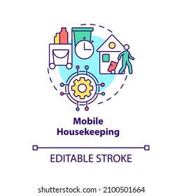 Mobile housekeeping concept icon. Property management systems in hotels abstract idea thin line illustration. Isolated outline drawing. Editable stroke. Roboto-Medium, Myriad Pro-Bold fonts used