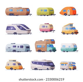Mobile houses on wheels set. Side view of family camping recreational vehicles, RV trailers caravans vector illustration svg