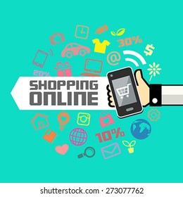 Mobile in human hand, online shopping with business icons design background, vector illustration